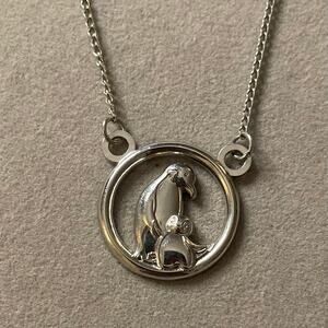 Penguin Mama and Baby Round Pendant Silver Tone Necklace